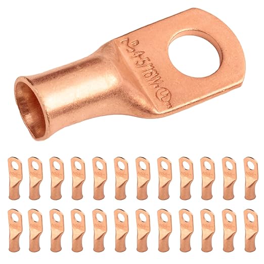 SELTERM 25pcs 4 AWG 5/16" Stud (Wide Pad) Battery Lugs, Ring Terminals, Heavy Duty Copper Wire Lugs, Battery Cable Ends, 4 Guage Ring Terminal Connectors, UL Bare Copper Eyelets Battery Cable Lugs