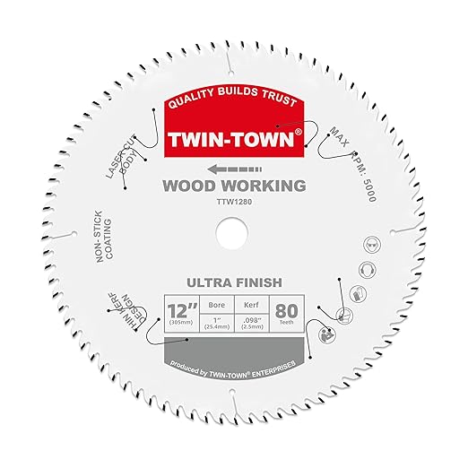 TWIN-TOWN 12-Inch 80-Tooth ATB Fine Finish Wood Cutting Circular Saw Blade, 1 Inch Arbor, Compatible with Table and Miter Saws, Premium Quality Woodworking Saw Blade