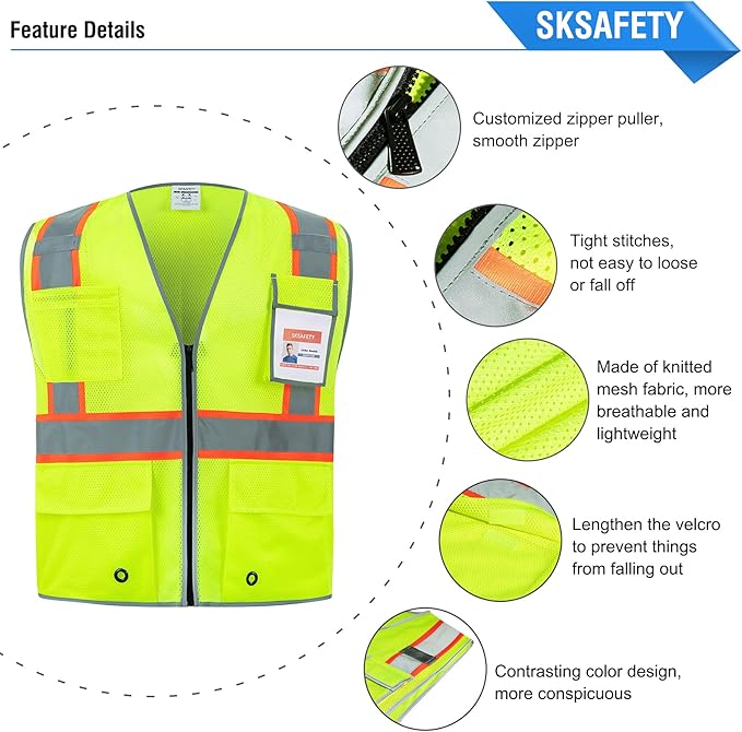 SKSAFETY 10 Pockets Safety Vest, Class 2 High Visibility Security with Zipper Double-sided mesh, Hi Vis Vest with Reflective Strips, ANSI/ISEA Standard, Construction Work Vest （Lime, L）