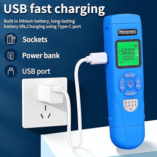 Rechargeable Optical Power Meter L-C50-50km mini Fiber Cable Tester Suitable for SC/FC/ST/LC Interface 4-in-1 Function Built-in 50km Visual Fault Locator RJ45 Network Testing with 1 FC-LC Adapter