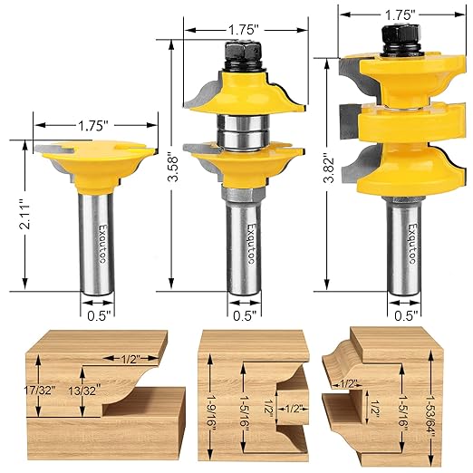 1/2 Inch Shank 3 Piece Router Extension Tenon Drill Bit Set for Entry Door Rails and Door Frame Wood Milling Cutter Door