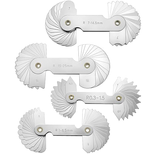 QWORK 4 Pack Radius Gauge Set, Precision Stainless Steel Measurement Tool for Convex & Concave Surfaces, R0.3-1.5mm/ R1-6.5mm/ R7-14.5mm/ R15-25mm