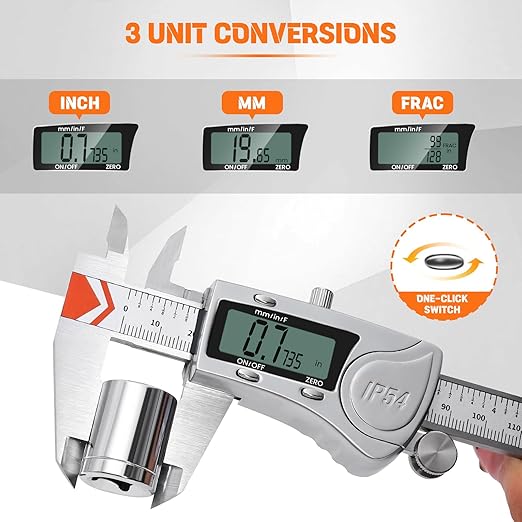 HARDELL Digital Caliper, IP54 Waterproof Caliper Measuring Tool with 3-Batteries & Extra Cover, All Stainless Steel Vernier Caliper Digital Micrometer, Inch/MM/Fraction for DIY/Household/3D-printing