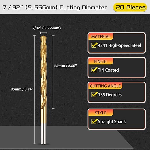 Drill Bit, 7/32" Cutting Diameter, 4341 HSS TiN Coated 135° Cutting Angle Jobber Bits - (Applications: for Drilling Soft Metal Plastic Wood), 20-Pieces