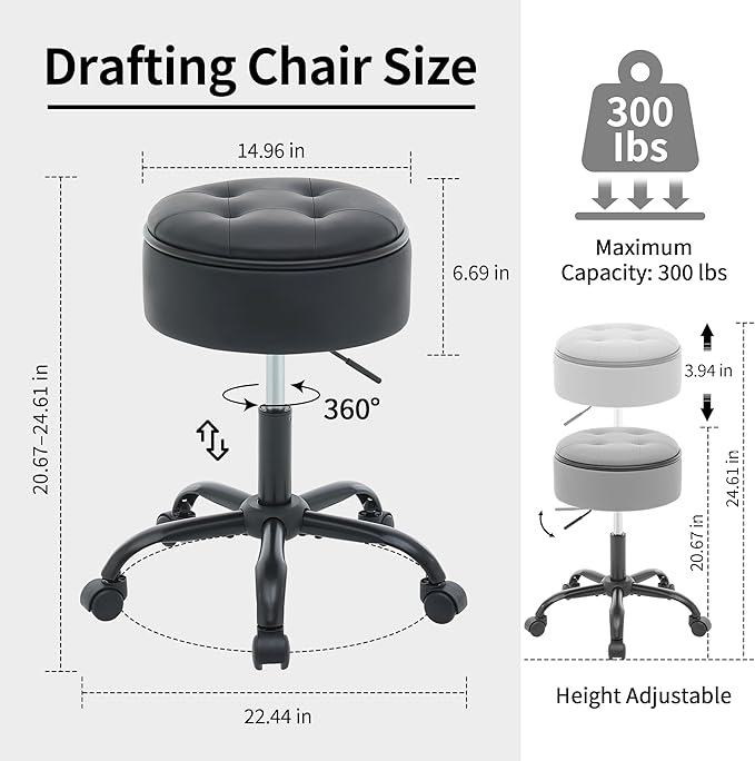 Drafting Chair with Storage, Adjustable Leather Drafting Stool 20.67"-24.61", Black Rolling Office Stool