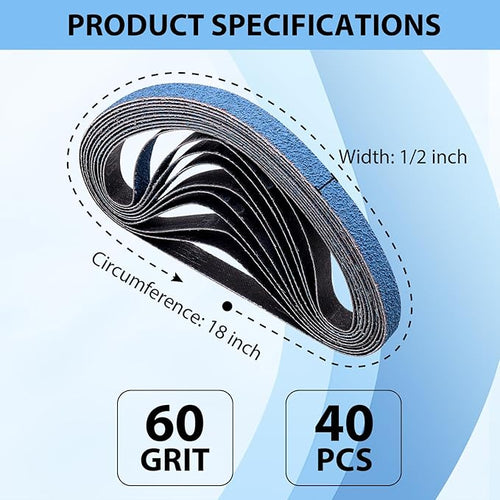 1/2 x 18 Zirconia Sanding Belts for Metal, 60 Grit 1/2x18 Inch Sander Belt for Air Belt Sander, Zirconia Metal Grinding Sand Paper for Knife Blade Sharpening, Metal Polishing, Derusting, 40Pcs
