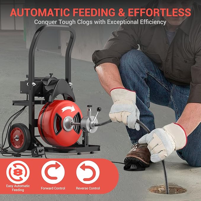 Electric Drain Cleaning Machine 100Ft 1/2 Inch, 450W Auto Feed Portable Sewer Snake, Drain Auger with 6 Cutter and Air-Activated Foot Switch for 2"–4" Pipes