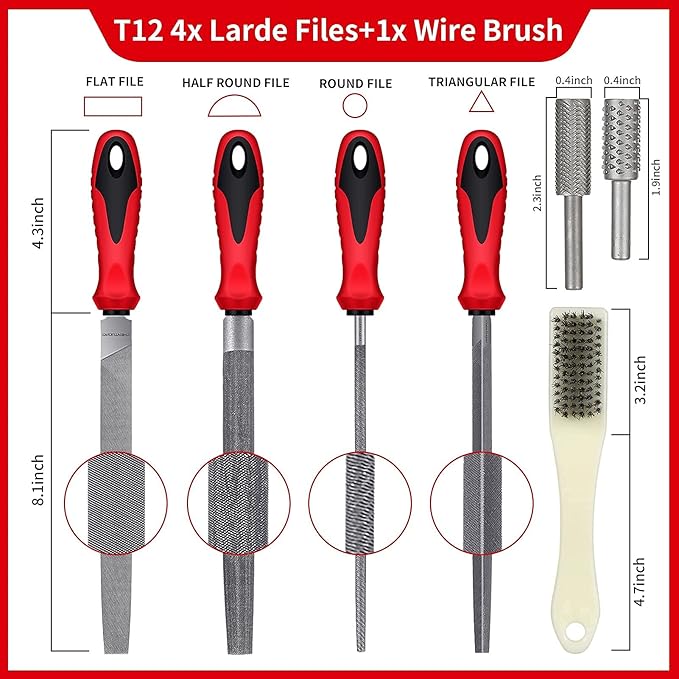 57Pcs Metal & Wood File Rasp Set,Grade T12 Forged Alloy Steel, Half-round/Round/Triangle/Flat 4pcs Large Tools, 14pcs Needle Files and a pair of Electric Files, a brush and 36pcs emery papers