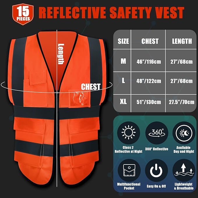 15 Pack Reflective Safety Vests with Pockets and Zipper High Visibility Vest Construction Work Vest for Men Women(Orange Red, X-Large)
