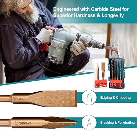 6Pcs SDS-Plus Rotary Hammer Drill Bits and Chisel Set, 3/8 1/4 3/16 5/32 inch Drill Bits, a Flat and a Point Chisel for Concrete Stone Brick