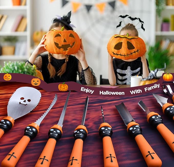 21 Pieces Comfort Grip Pumpkin Carving Kit with Gift Box and Carrying Case Heavy Duty Stainless Steel Pumpkin Carver Tools Pumpkin Sculpting Set and 10 Stencils for Halloween Jack-O-Lanterns (ORANGE)