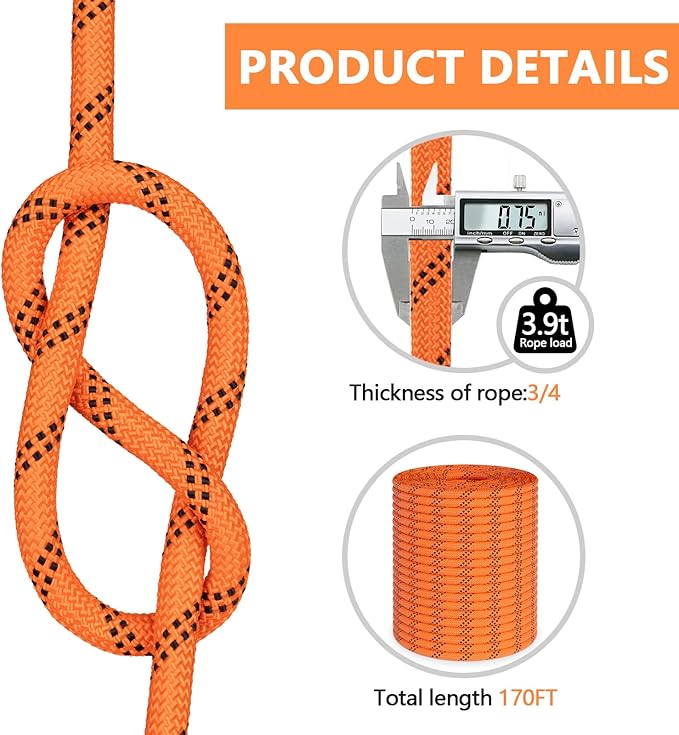X XBEN Braided Polyester Arborist Rope 3/4 inch X 170ft, 48 Strands, 12 Inner core,8626 LBS Breaking Strength Outdoor Ropes, Arborist Rigging Rope for Rock Hiking Camping Swing Tree Rescue