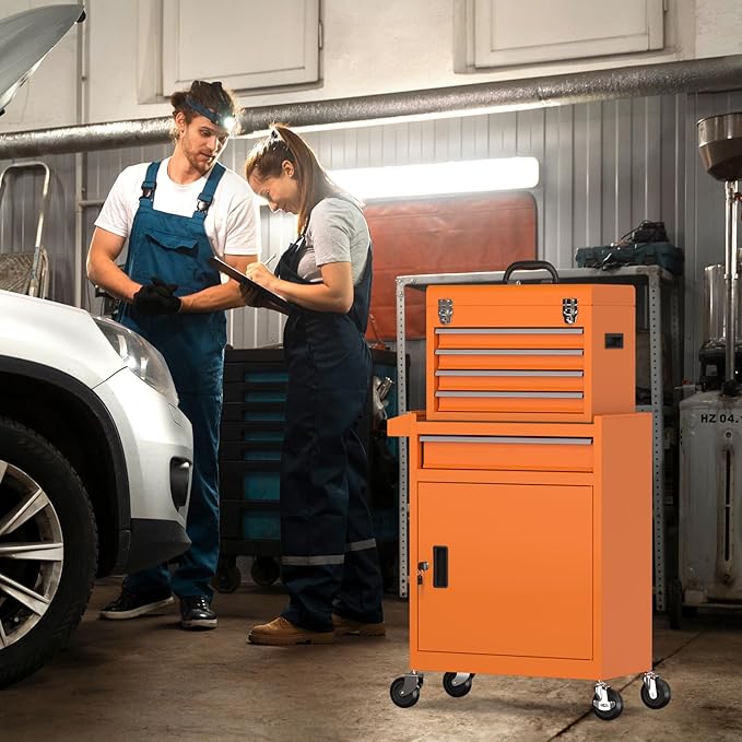 5-Drawer Rolling Tool Chest,Garage Storage Tool Box with Wheels,Lockable and Detachable Tool Cabinet,Heavy Duty Metal Tool Cart with Wheels for Garage,Warehouse,Workshop (Orange)