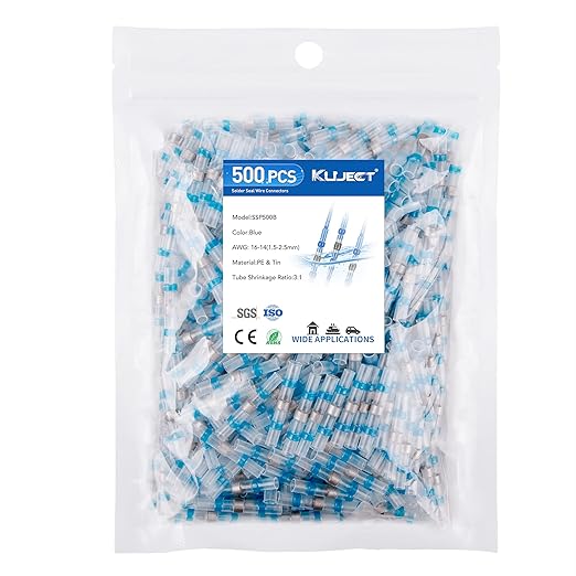 Kuject 500PCS Solder Seal Wire Connectors AWG 16-14, Blue Heat Shrink Butt Terminals, Waterproof Wire Splice for Marine Boat Joint