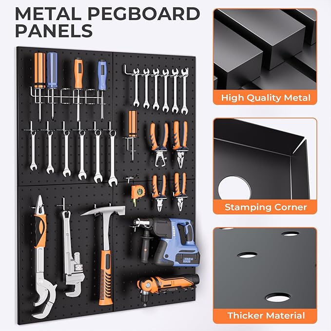 INCLY 70PCS Pegboard Wall Organizer, 4 Pack Metal Peg Board Panels with 1/4" Pegboard Hooks Accessories Kit, Black Peg Board for Walls Home, Garage Tool Storage, Workbench Organization