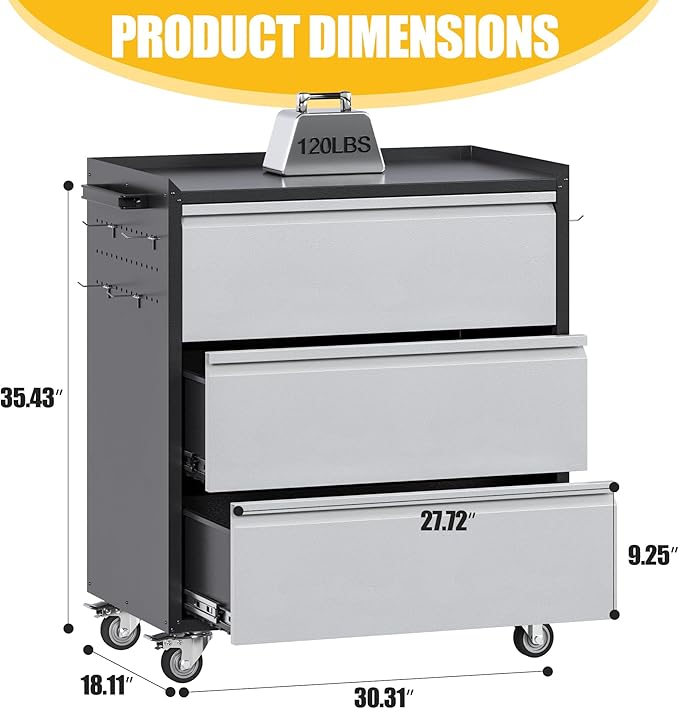 Aobabo Metal Garage Tool Storage Cabinets with Wheels, Steel Cabinet with Drawer, 3 Drawers Rolling Tools Chest Cabinet for Garage, Warehouse, Assembly Required, Black+Grey