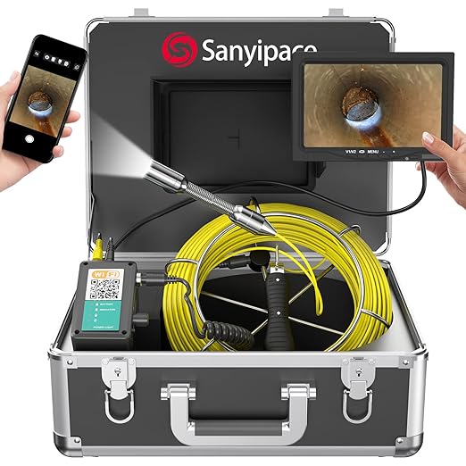 Sanyipace Sewer Camera 65FT/20M with WiFi Wireless Transmission, Drain Camera with Lights, Pipe Sewer Scope Inspection Camera with IP68 Waterproof Camera Probe, 7" Color Screen, Camera Guide Wheel