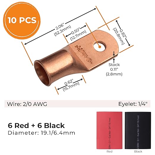 SELTERM 10pcs - 2/0 Awg - 1/4" Stud - Battery Lugs - Ring Terminal Connectors | with 12pcs 3:1 Black & Red Heat Shrink Tubing with Adhesive | Heavy Duty Battery Cable Ends - Bare Copper Wire Lugs Kit