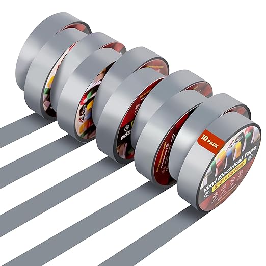 RED WOLF 10 Pack Gray Electrical Tape 3/4 Inch x 66 Ft Industrial Grade UL/CSA Listed 7 Mil Thick Flame Retardant High Temp Waterproof Electrical PVC Tape Electric Super Vinyl Rated 600V