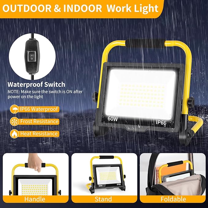7200LM LED Work Light with 16FT Cord & Switch, 60W Outdoor Flood Light, IP66 Waterproof Portable Job Site Lighting with Stand, 5000K Dayight Worklight for Construction Garage Workshop Car Repairing