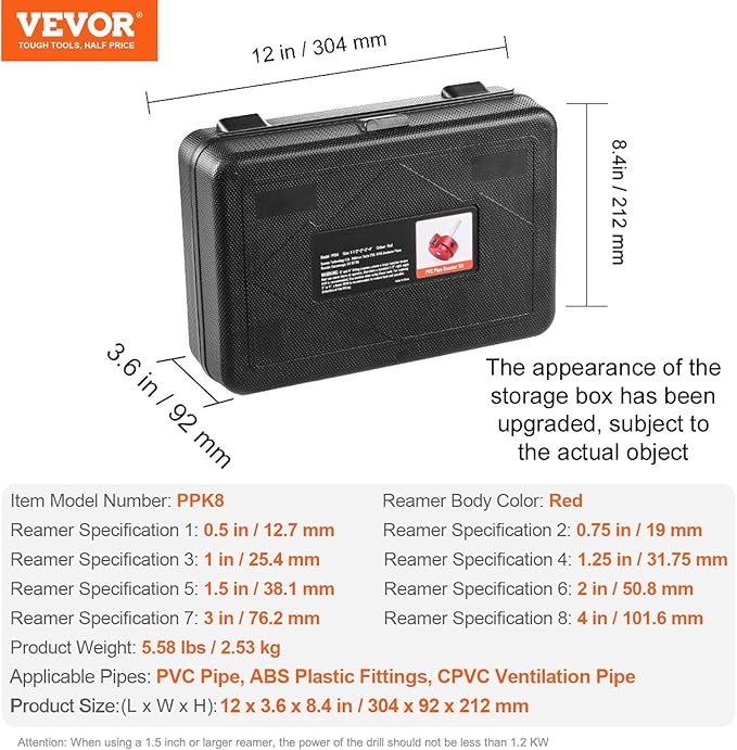 VEVOR PVC Pipe Reamer Kit, Aluminum Alloy, PVC Pipe Fitting Reamer Plumbing Tools Kit, Socket Saver for SCH 40 Pipe, Contains 1/2'', 3/4", 1", 5/4'', 3/2", 2", 3", 4'', for Water Lines, Drain Lines