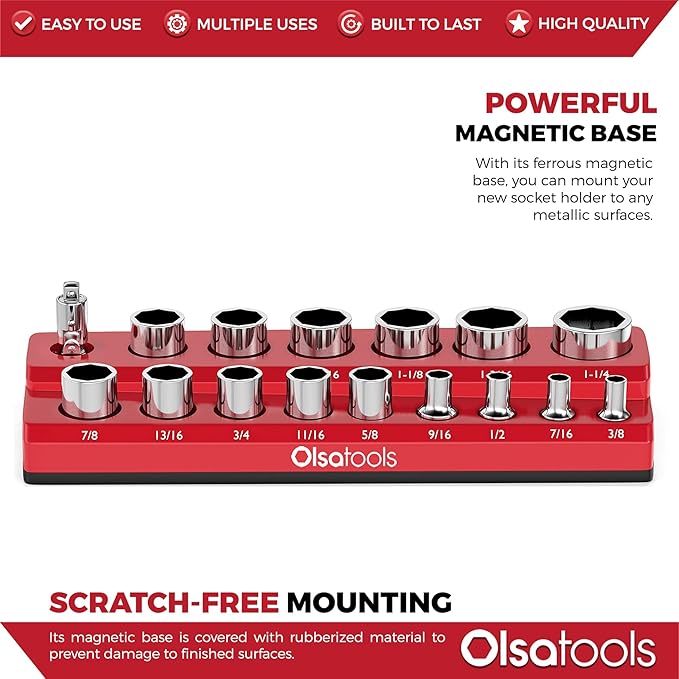 Olsa Tools Magnetic Socket Organizer | 1/2-inch Drive | SAE | RED | Holds 16 Sockets | Professional Quality Tools Organizer