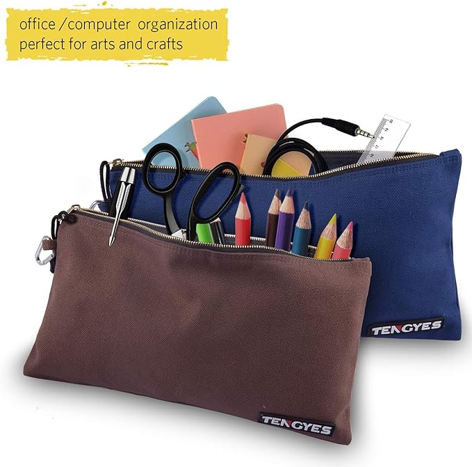 Canvas Tool Pouch Zipper Bag - 5 Pack Utility Bags Heavy Duty Metal Zippers Pouches with Carabiner, Multi Storage Organizer Clip on Tote Bags