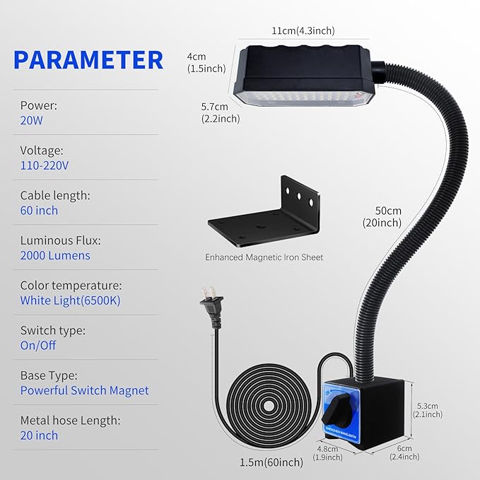 Magnetic Work Light, 2000 Lumens Led Machine Light with Strong Magnetic Base, 20 inch Flexible Gooseneck Magnetic Lamp for Garage, Workshop, Lathe and Drill Press, 120V, Black