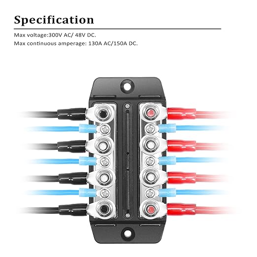 Recoil DBBS43 Dual Row Busbar Positive and Negative 4 x M5 Studs 3 x #8 Screw Terminals Power and Ground Distribution Block with Ring Terminals Bus Bar