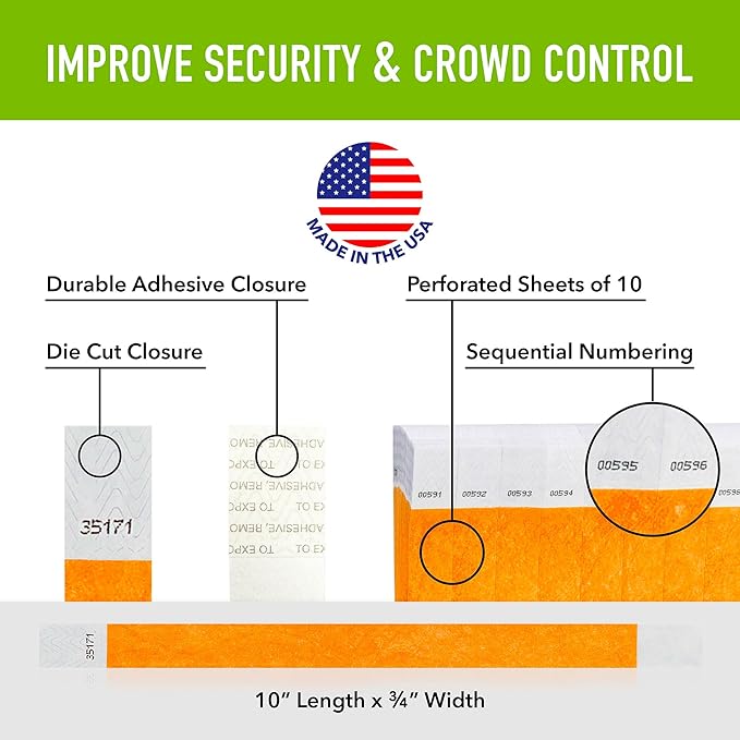 1,000 WristCo Neon Orange Tyvek Wristbands for Events - Tamper-Proof Design & Fluorescent Color Prevent Reuse Premium-Grade Bracelets for Hospital & Medical ID, Party & VIP Identification