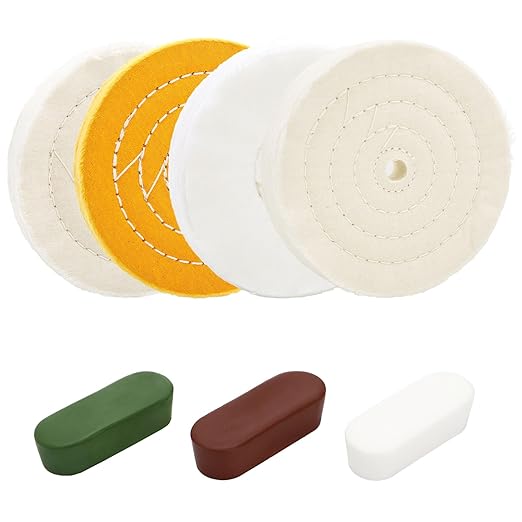 Hedume 7 Pcs 6" Polishing Wheels Kit for Bench Grinder, 1/2" Arbor Hole 2 White Cotton Polish Wheel(70Ply), 1 Yellow Cotton Wheel(42Ply), 1 Soft Flannel Buffing Wheel(30Ply), 3 Polishing Compound Set