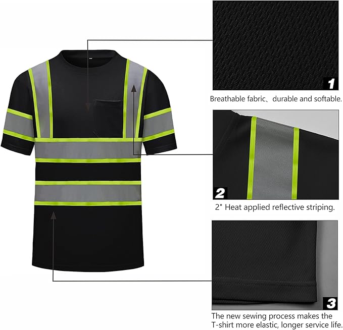 High Visibility Shirts Quick Dry Safety T Shirts with Reflective Strips and Pocket Short Sleeve Mesh Hi Vis Construction Work Class 2 Shirt for Men/Women Black,Medium