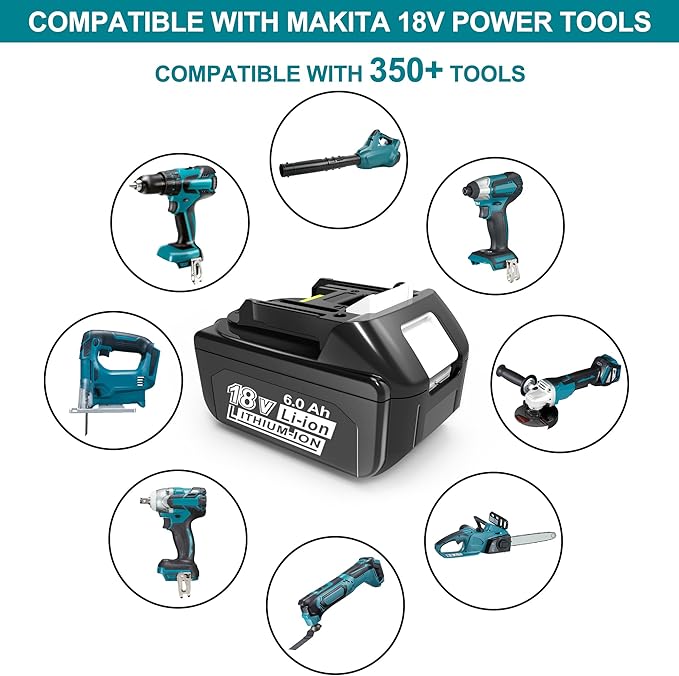 2Pack 6000 mAh 18V Long-Lasting Lithium Battery Replacement for Makita 18V Battery BL1860B BL1850B BL1815 BL1840B BL1815, Compatible with makita 18V Charger and Cordless Power Tool