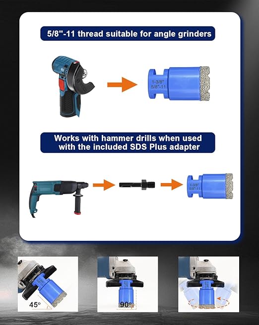 Diamond Tile Hole Saw Kit - 9Pcs 4/5'', 1'', 1-3/8'', 2'', 2-1/2'', 4'' Drill Bits Set, 4/5'' Finger Milling Bit, 2'' Beveling Chamfer Bit, SDS Adapter for Porcelain Tile Ceramic Granite Marble
