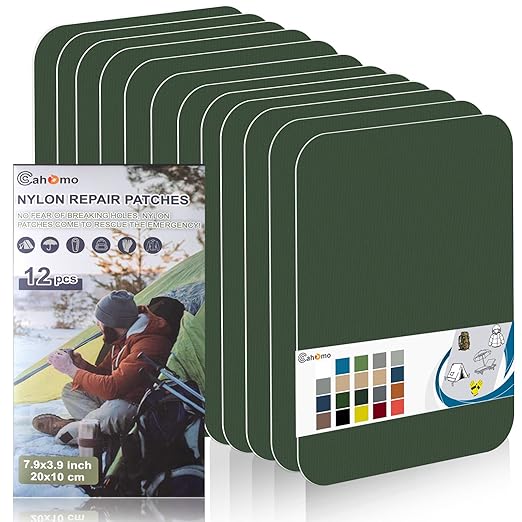 7.9x3.9 inch 12 PCS Nylon Repair Patch Nylon Repair Tape Self Adhesive Fabric Tapes Outdoor Camping Gear Fabric kit for Tent, Umbrella, Down Jackets, Sleeping Bag, Knapsack（Army Green）