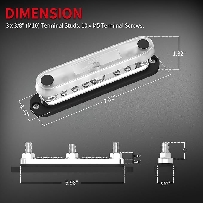 DaierTek 300A Copper Bus Bar 12V, Power Distribution Block with Cover 3 x 3/8” M10 Studs & 10 x M5 Terminal Screws for Car Marine Solar Battery Negative & Positve