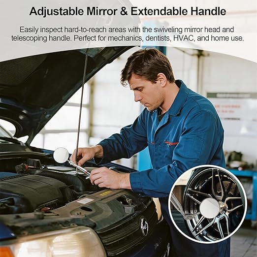 Telescoping Inspection Mirror with Rotating Head,Extendable Mechanic Mirror with Long Handle and Clip-On Design for Mechanics, Dentists, Auto, Boat (2.05in Round & 1.18in Round)