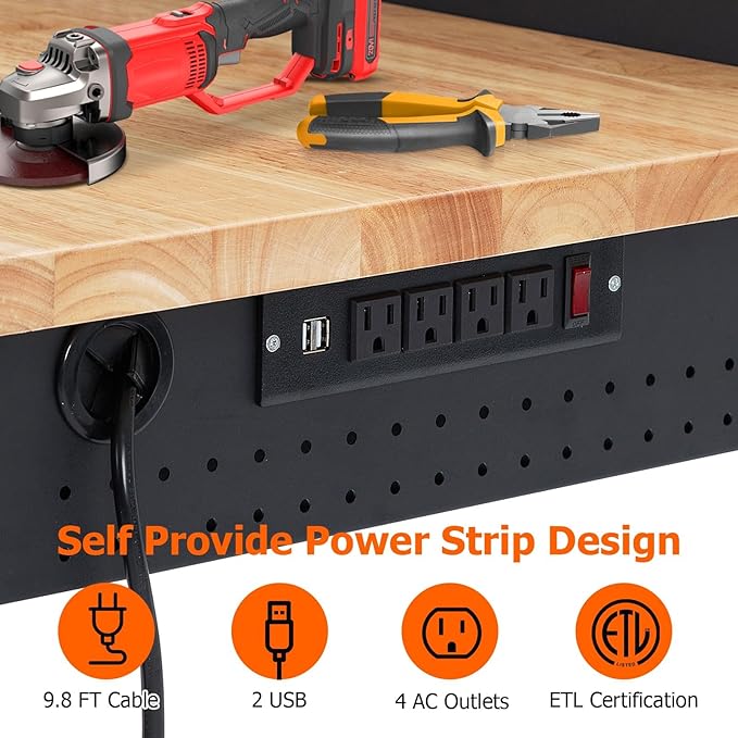 Work Bench 48" Adjustable Height, Heavy-Duty Portable Workbench with Power Outlets and Drawer for Garage & Workshop, 2000 LBS Load Capacity Large Pegboard, Work Table for Office, Home, Easy Assembly
