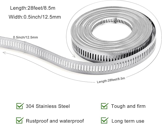 Hose Clamps, DIY 28 FT Metal Strap + 12 Fasteners, Hose Clamps Stainless Steel, Large Adjustable Hose Clamp Pipe Clamp for Pipe Automotive Mechanical Applications