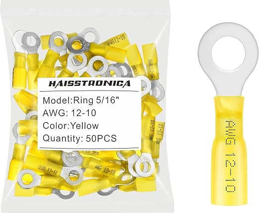 haisstronica 50pcs 5/16" Yellow Marine Grade Heat Shrink Ring Connectors,12-10 Gauge Tinned Red Copper 1mm Ring Terminals Connectors,Brazed-Seam Insulated Electrical Crimp Wire Terminals