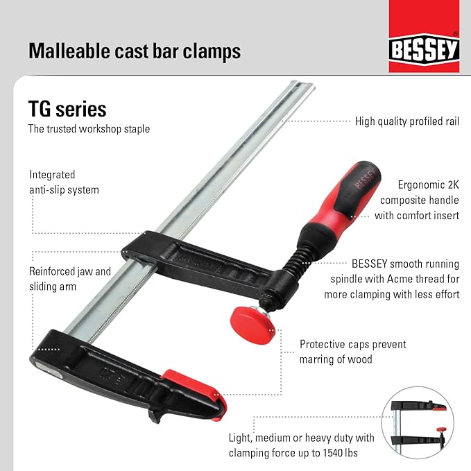 BESSEY TG7.016+2K Clamp, woodworking, F-style, 2K handle, replaceable pads, 7 In. x 16 In., 1320 lb