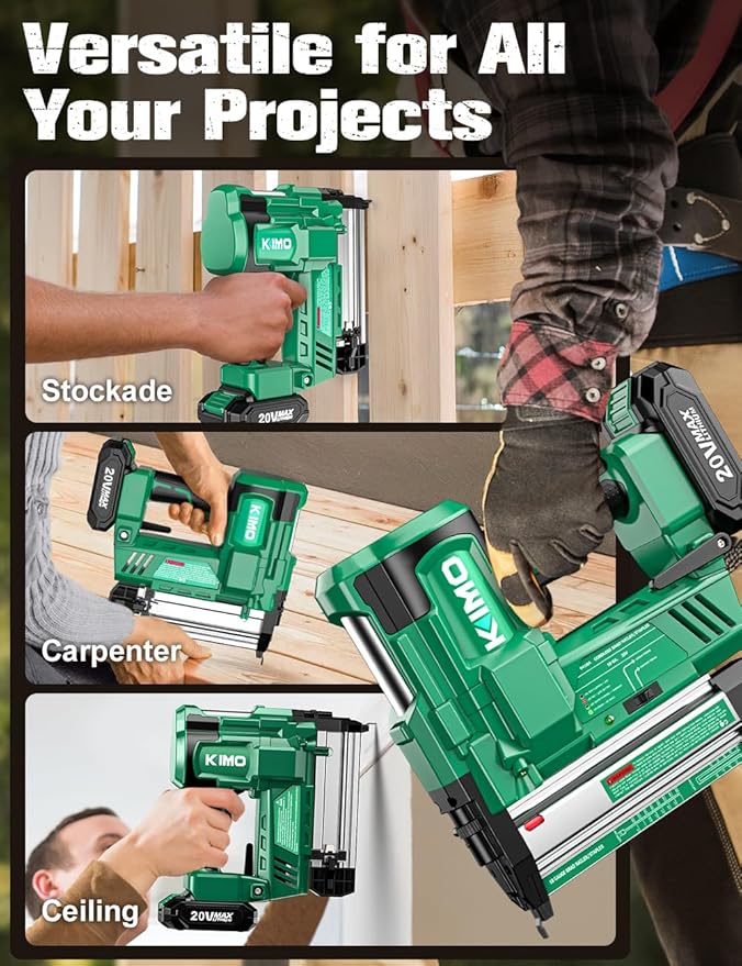 KIMO 18 Gauge Nail Gun Cordless with Battery 2.0Ah X 2, 1000pcs Nails and Staples, 2 Firing Modes, 180 Nails/min, Adjustable Nailing Depth, 2 in 1 Cordless Brad Nailer and Stapler for DIY Project