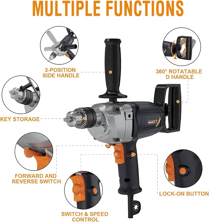 MAXXT Drill Mixer Set with Spade Handle 1/2 inch Electric Corded Mixing Drill Machine 9A Motor Concrete Mud Mixer
