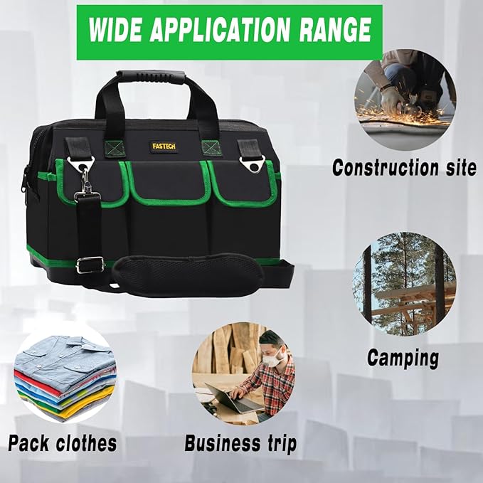 20 Inch Tool Bag, Waterproof Wide Mouth Tool Kit, Heavy Duty Tool Bag Organizer With Shoulder Straps and Molded Base, Tool Storage Package For Screwdrivers, Pliers, Nut Drivers (Green20IN)