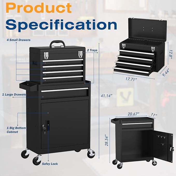 5-Drawer High Capacity Rolling Tool Chest, Removable Toolbox on Wheels Organizers, Lockable Tool Box Tool Storage Cabine with Drawers and Wheels for Workshop and Warehouse (Black)