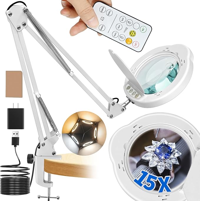 15x Magnifying Glass with Light and Clamp Stand - Long Arm Magnifying Lamp with Remote & Dust Cover - Hands-Free 5 Color Desktop LED Magnifier Lamp with Light for Reading, Crafts, Hobbies, Close Work