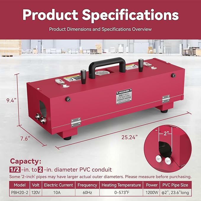 1/2" to 2" Electric PVC Conduit Heater with Temperature Detector, PVC Conduit Bender Heater for 24" Sections of Pipe, 1200W Pipe Bender, 120V, PBH20-2