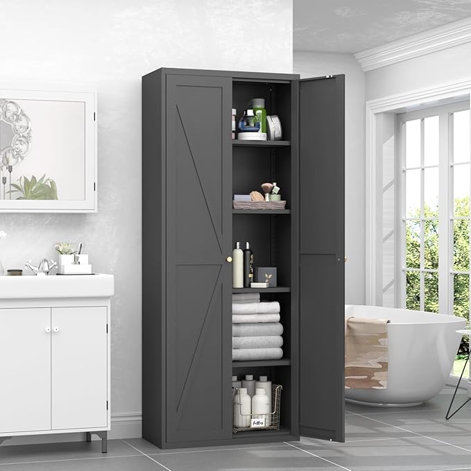 GREATMEET 71" Tall Storage Cabinet, Farmhouse Food Pantry Cabinet, Black Metal Kitchen Cupboard with Doors for Garage, Dining Room, Living Room and Laundry