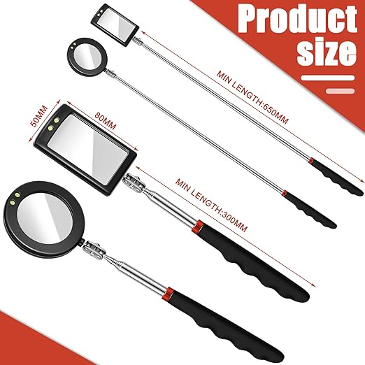 Tatuo 2 Pieces LED Mirror Inspection Telescoping Round Square Mirror Inspection Tool for Check The Condition of Vehicle, Observe The Eyelashes, Mouth and Other Small Parts