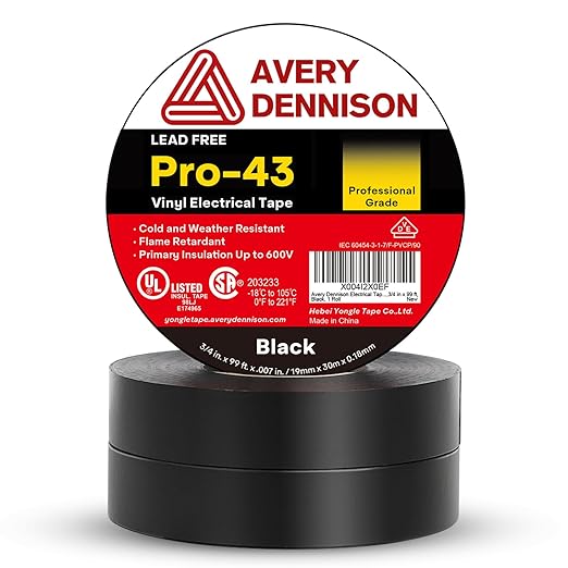 Avery Dennison Electrical Tape ¾ in x 99 ft, 3 Rolls Professional Grade PVC Electric Tape, UL/CSA Listed Insulating Vinyl Tape for Electrical, Repairs, Automotive and Equipment, Pro-43, Black